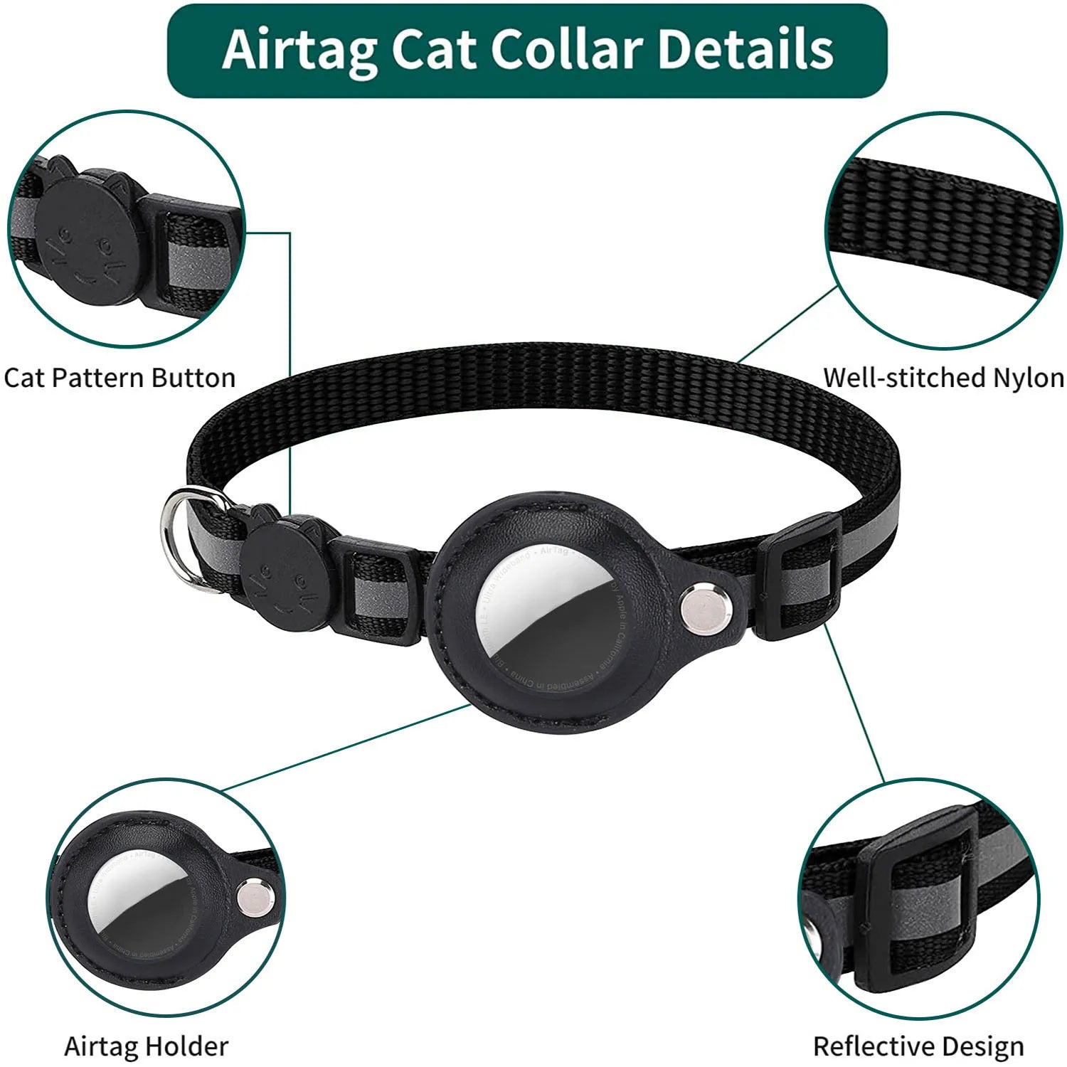 Adjustable Waterproof Cat Collar with Airtag Holder, Breakaway Safety, Reflective Strips & Bell